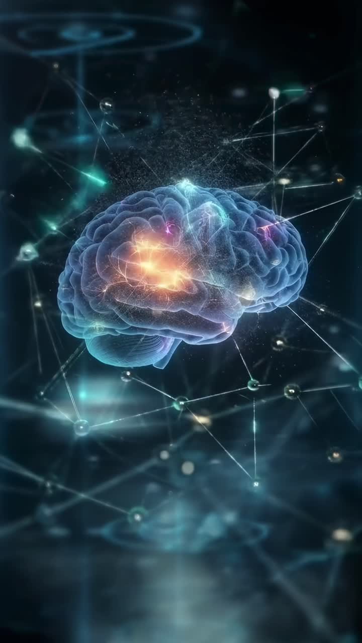 Concetto video futuristico di un cervello luminoso, ripreso da un'angolazione laterale, con nodi digitali