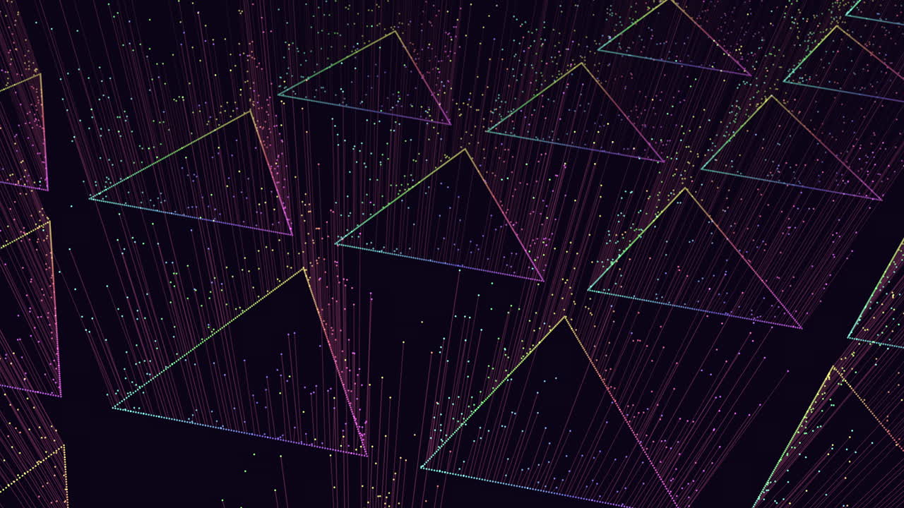 A visually striking geometric pattern of interconnected triangles in various colors, forming a symmetrical design. The triangles range from pink to purple