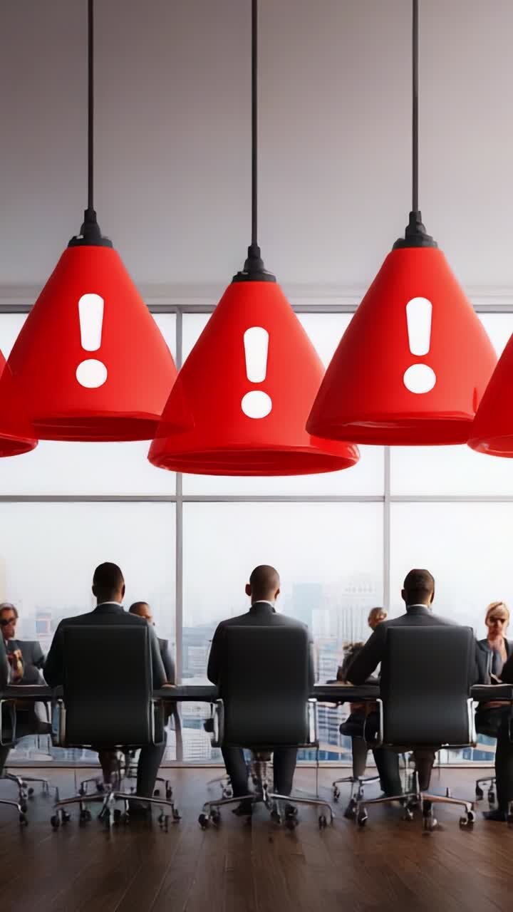 Un incontro formale di lavoro messo in risalto da luci rosse che catturano l'attenzione, a segnalare urgenza e importanza in un moderno ambiente d'ufficio con professionisti coinvolti