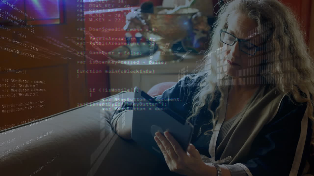 Animation of data processing over woman using tablet