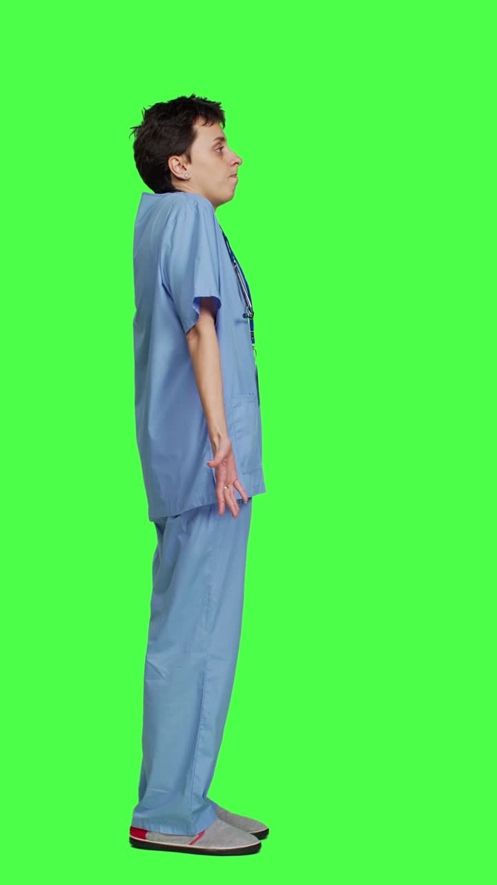 Profile Medical assistant shrugging and doing i dont know sign in studio