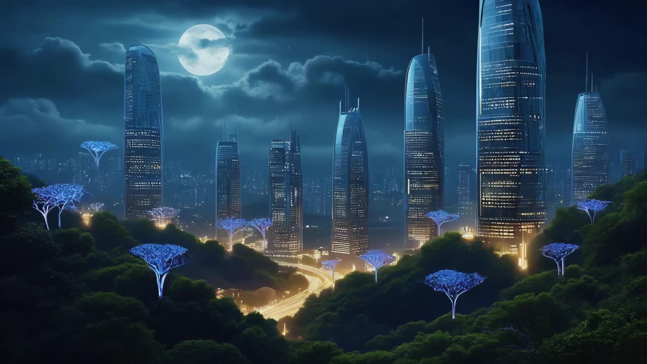 Futuristic Cityscape at Night with Glowing Trees