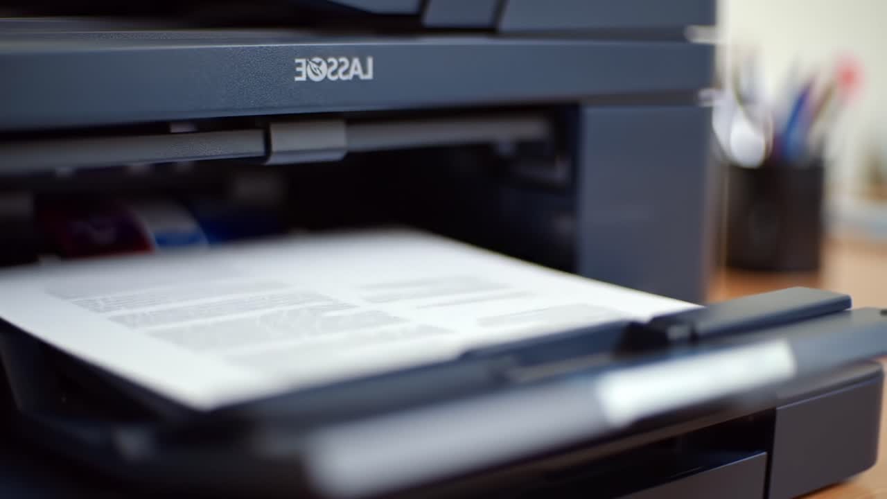 Observing the Printing Process: Close-Up Frames Show the Transition of a Document Being Printed from a Laser Printer, Capturing Every Detail of the Pages Being Processed
