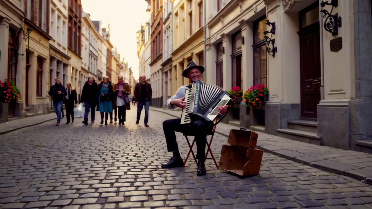 Street Musician Playing Accordion in a European City
