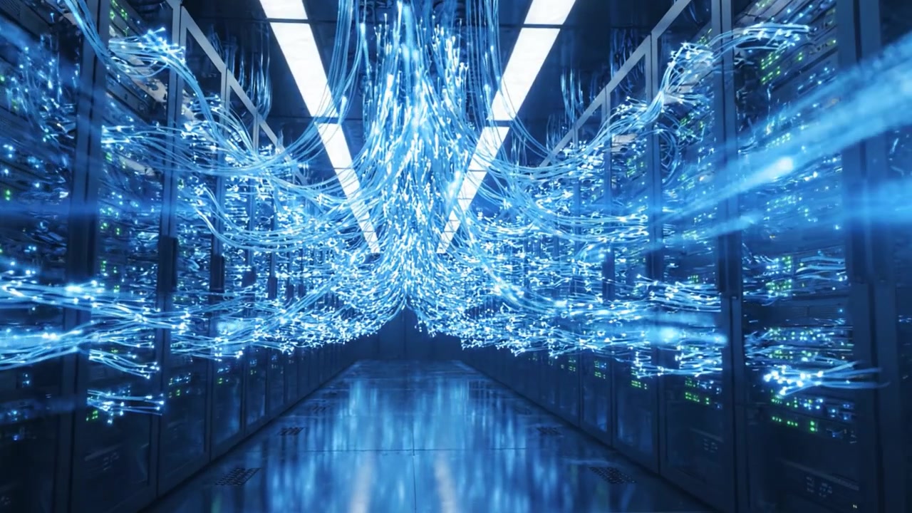 A Glowing Network of Data Connections: A Mesmerizing View Inside a Modern Server Room Filled with Illuminated Cables and High-Tech Equipment