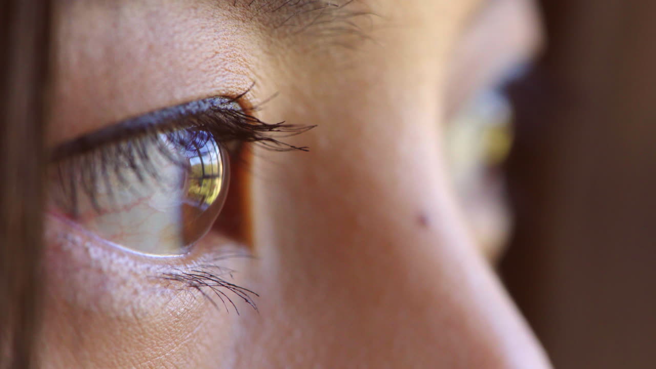 Closeup of woman's face and big eyes looking away