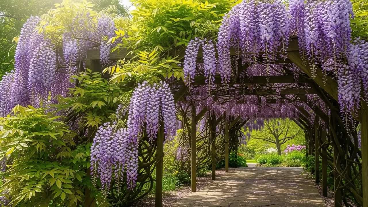 A Scenic Pathway Through a Lush Garden Filled with Beautiful Purple Wisteria Blossoms, Creating a Captivating Atmosphere of Serenity and Nature's Splendor