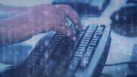 Animation of networks of connections with glowing spots over person typing on computer keyboard