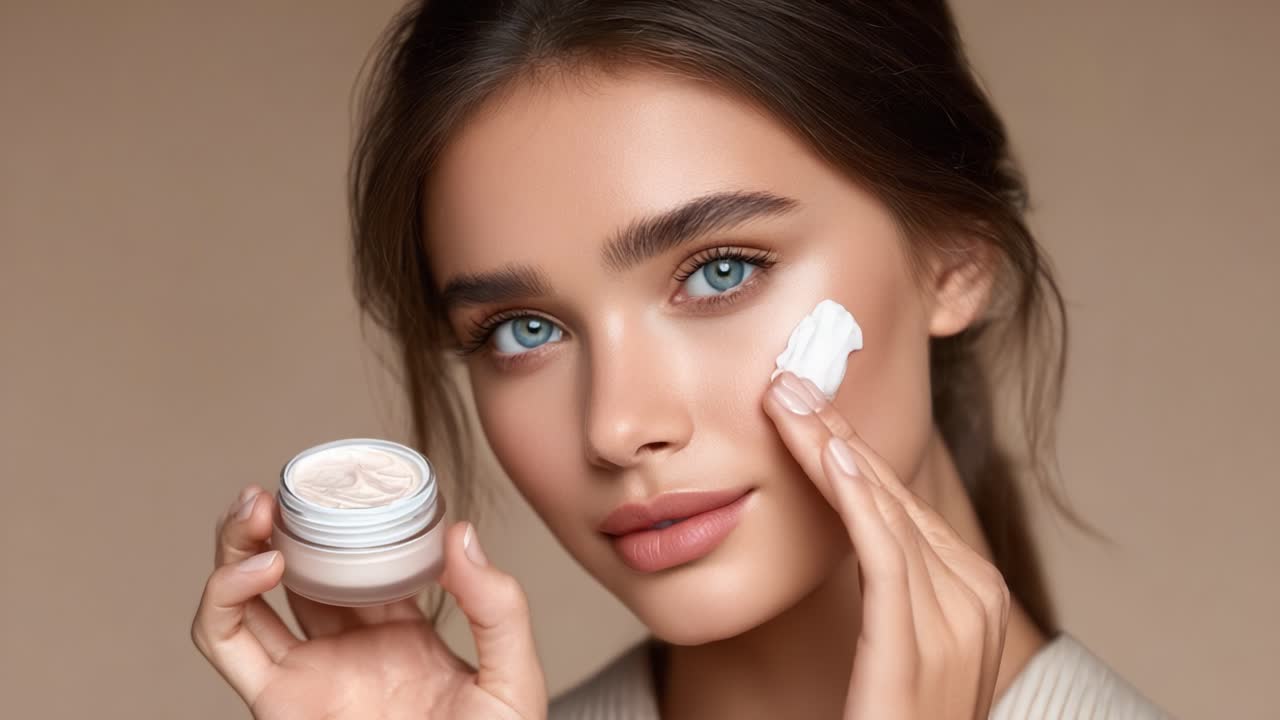 A Radiant Beauty Applying Skincare Cream: Emphasizing the Importance of Everyday Facial Moisturization for Healthy and Glowing Complexion