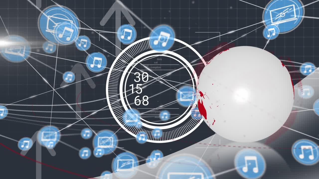 Animazione di globo, elaborazione dati e rete di connessioni