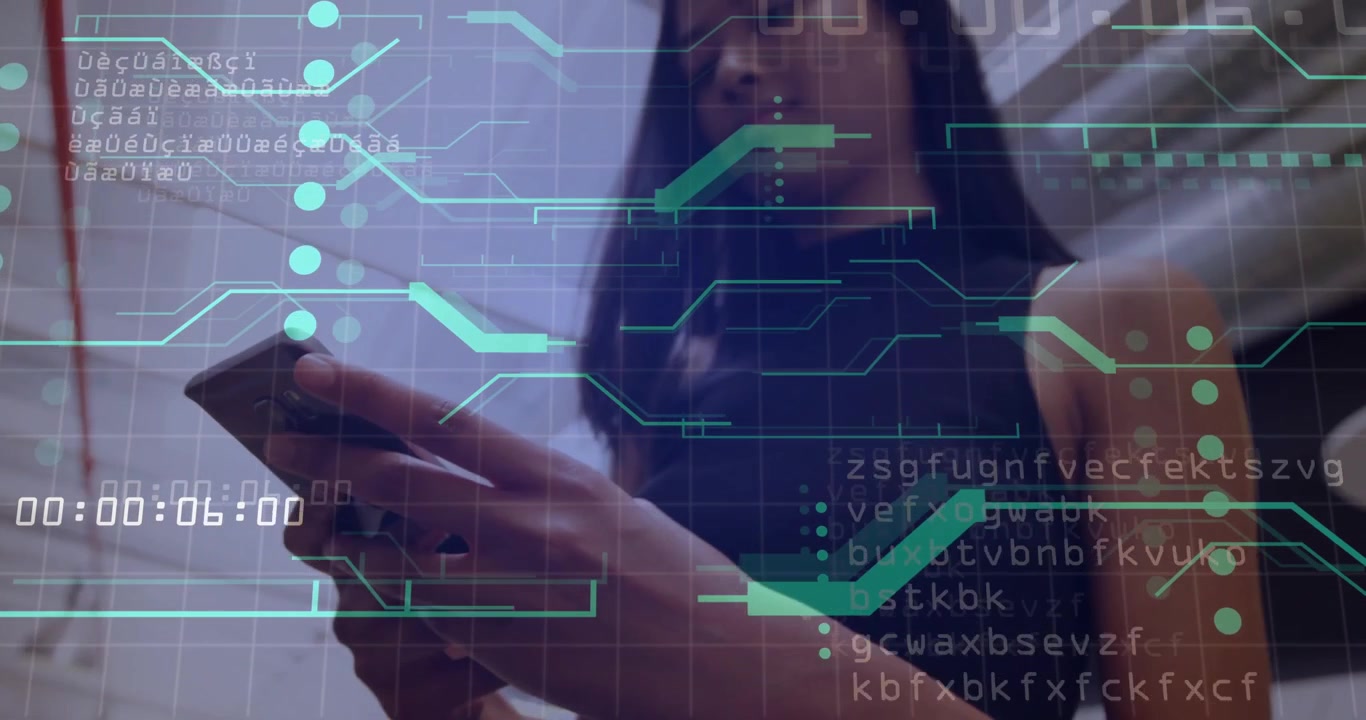 Young Woman Using Smartphone with Digital Data Overlay