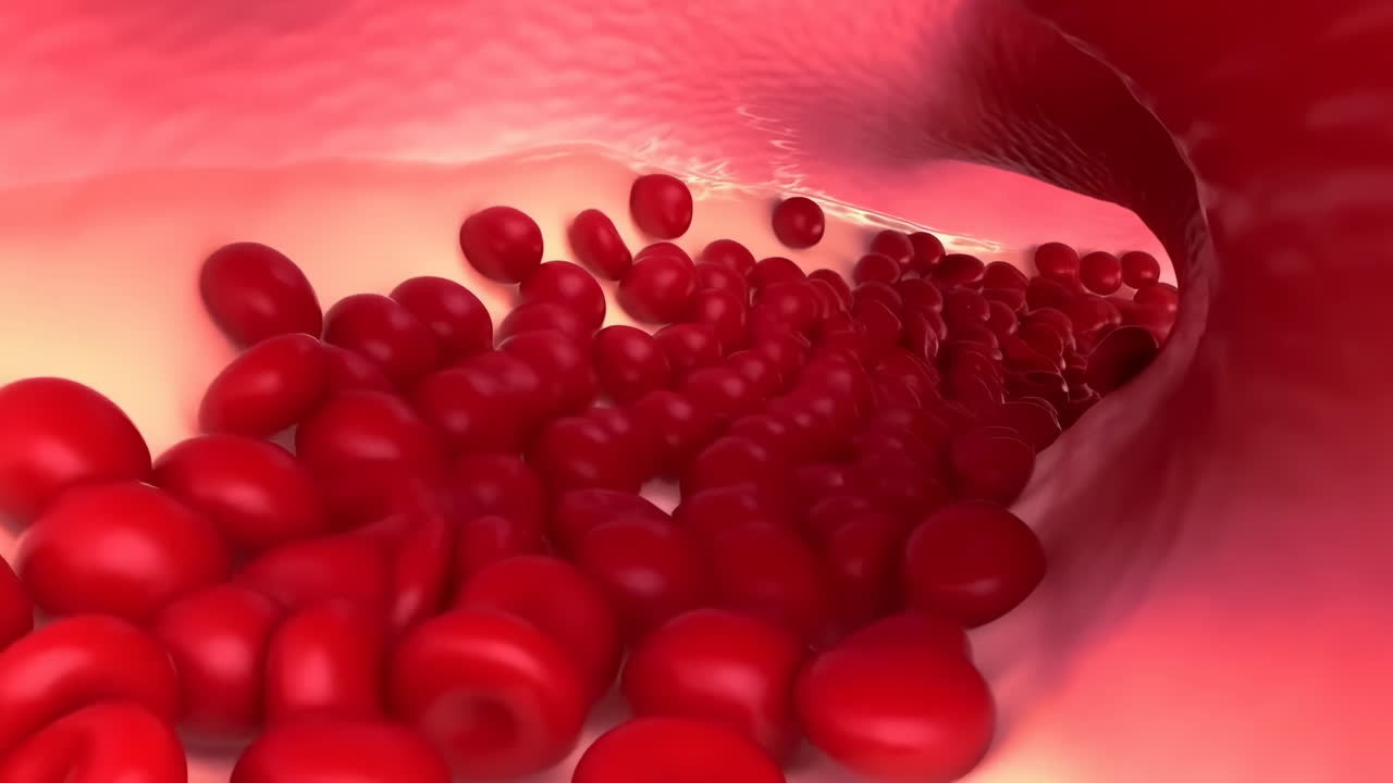 Primo piano di globuli rossi che scorrono all'interno di un'arteria, scena animata 3D che mostra un denso flusso di eritrociti che scivolano.