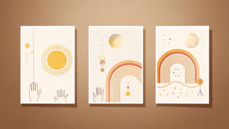 boho abstract celestial wall art prints with sun, moon, and rainbow motifs