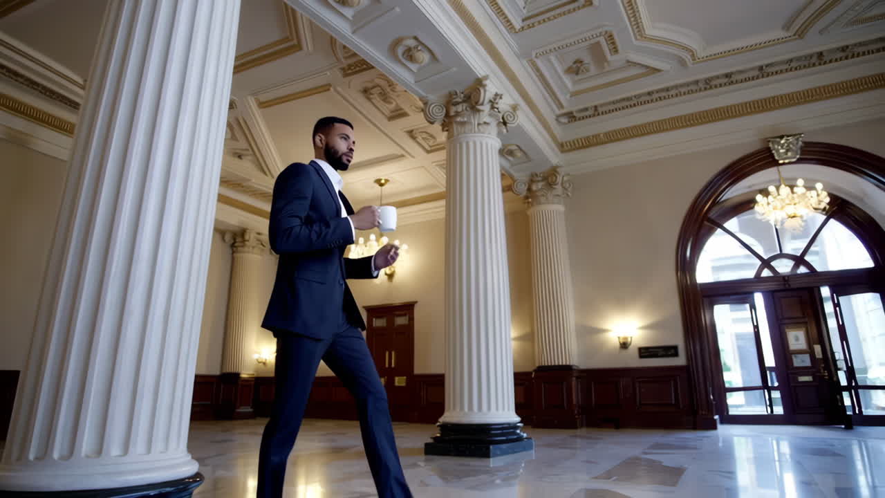 Man in a suit drinks from a cup while walking through an elegant hall