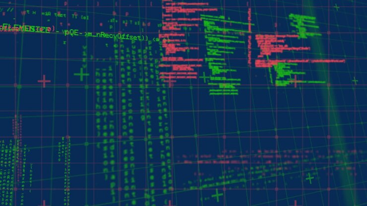 Animation of data processing over grid on blue background