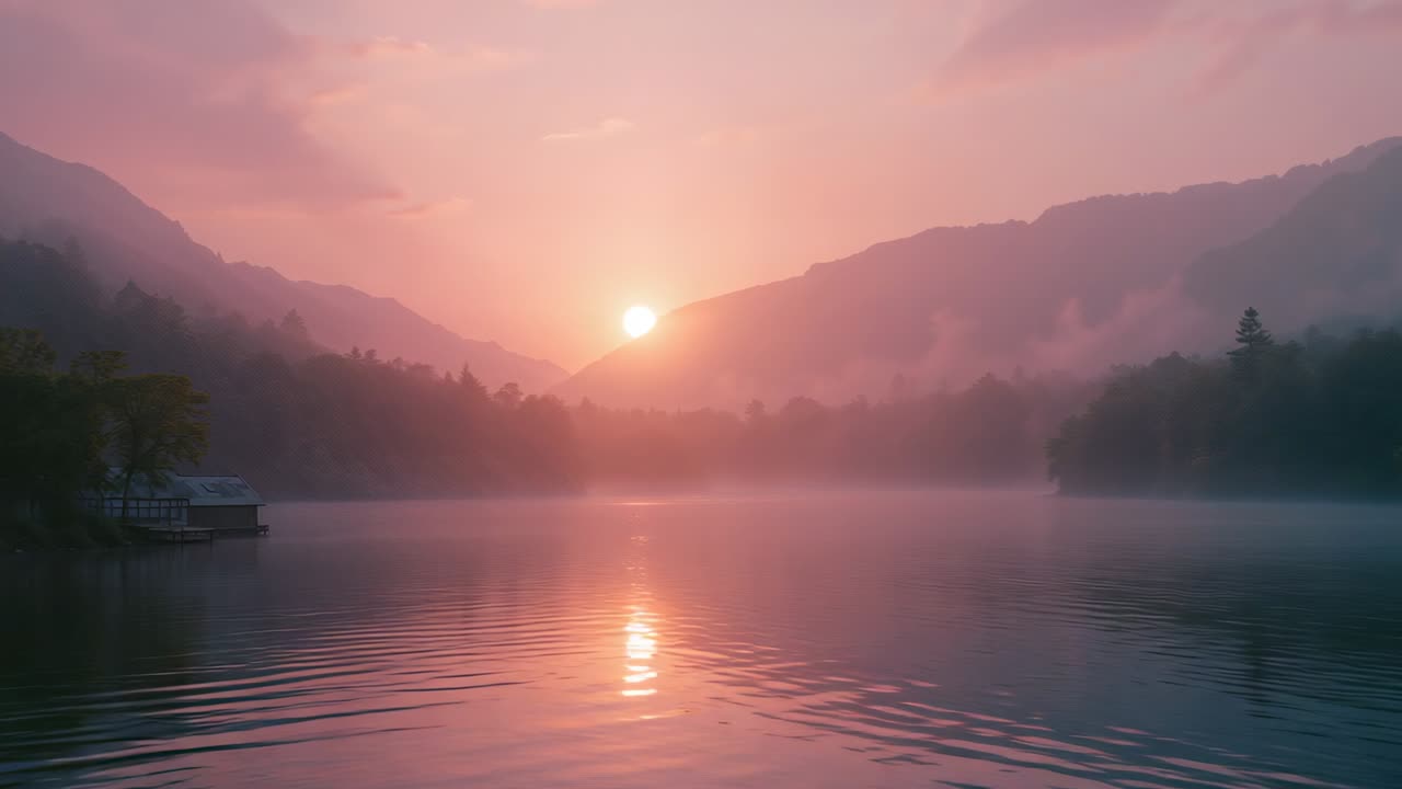 Rising sun cresting mountain ridge and illuminating misty lake at dawn, with boathouse reflection