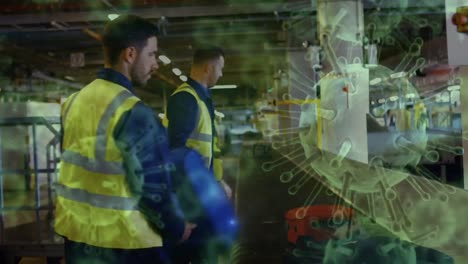 animación de células macro covid-19 flotantes sobre los trabajadores del aeropuerto que colocan equipaje en el aeropuerto