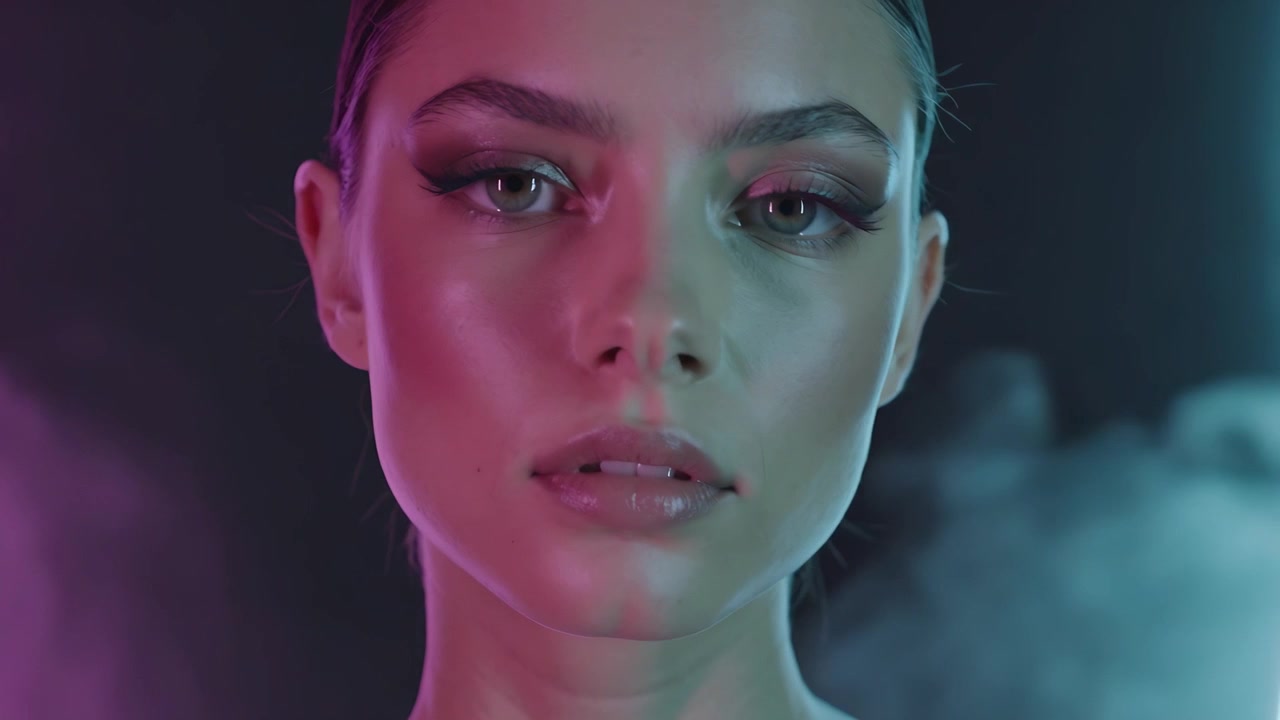 Di fronte a luci e nebbia cangianti, una modella posa e si gira verso un LED, mostrando trucco e spalle scoperte.