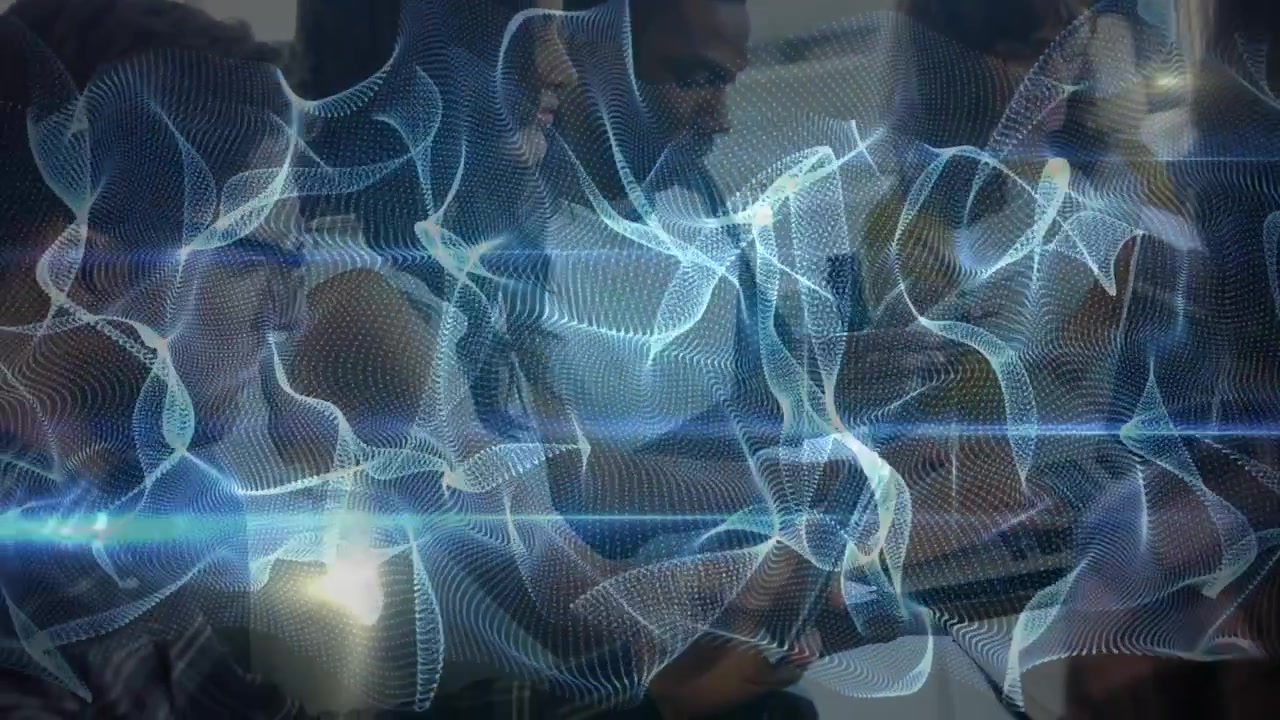 Animation of light trails and shapes over diverse business people