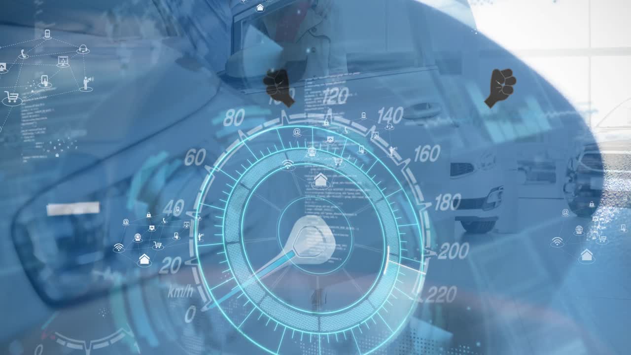 스피도미터와 자동차 위에 떠다니는 아이콘의 애니메이션