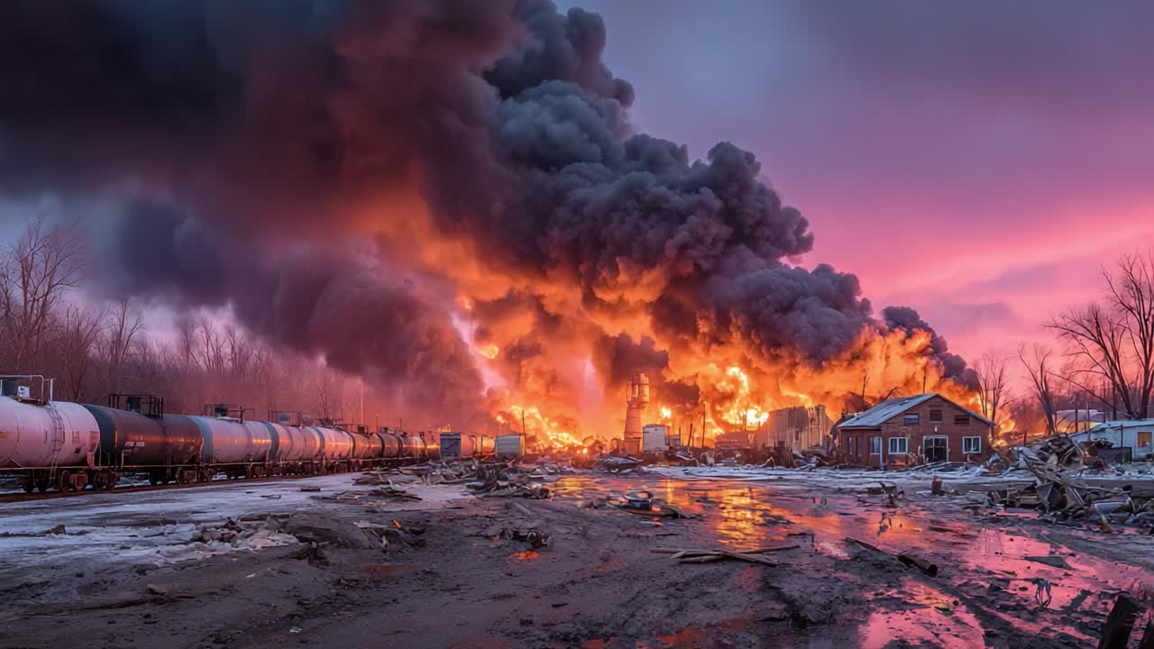 Una scena drammatica si svolge mentre un violento incendio divampa in una zona industriale, avvolta da un denso fumo nero e da vivaci fiamme arancioni su un suggestivo cielo viola