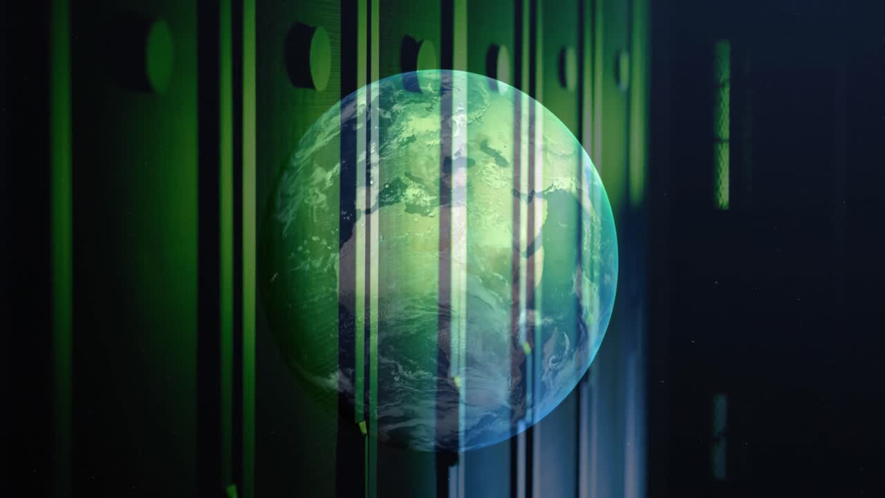 animación del globo en movimiento contra la sala del servidor en el fondo