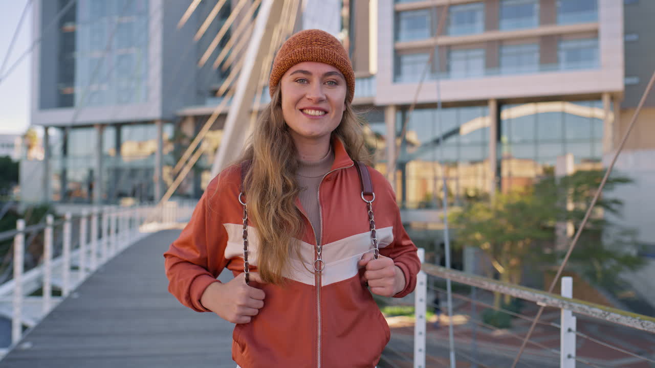 Portrait of a woman on a bridge in the city