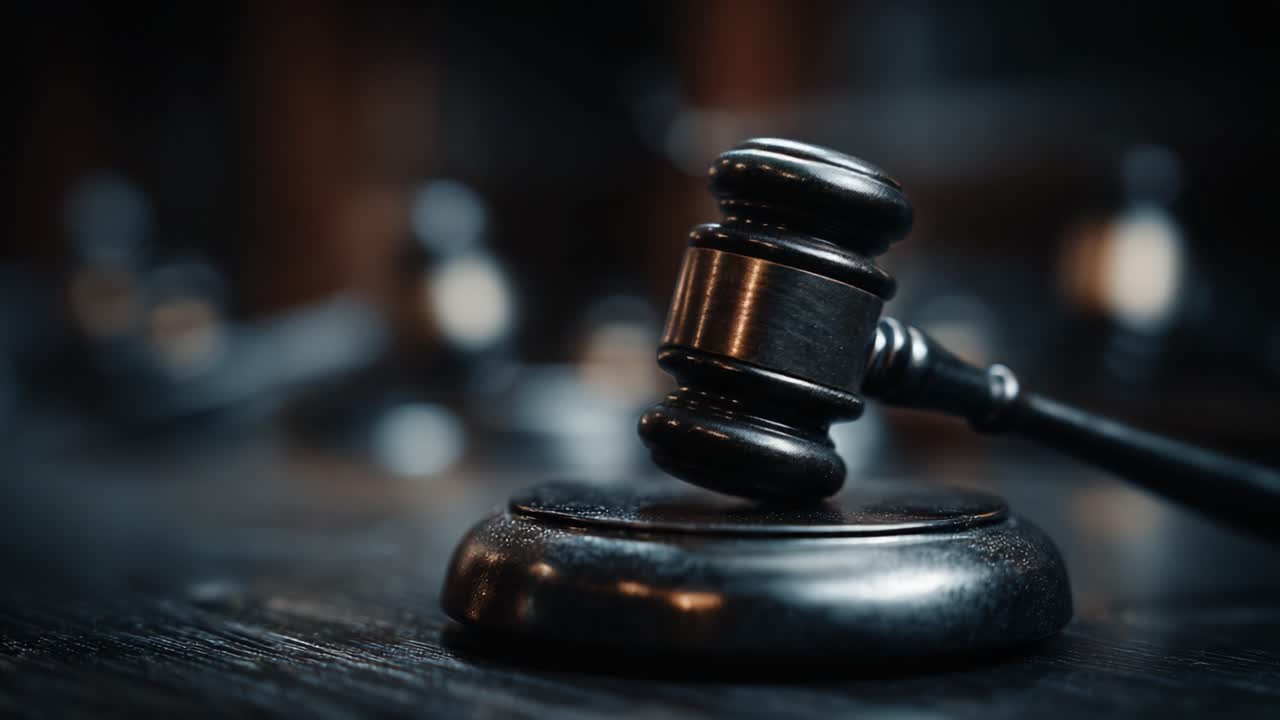 Un primo piano di un martelletto appoggiato su un blocco di legno, che simboleggia giustizia e autorità legale in un contesto di aula di tribunale.