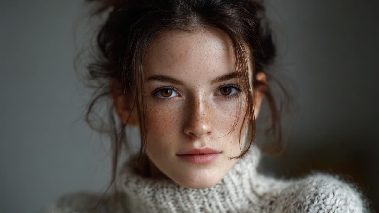 A Close-Up Portrait of a Young Woman with Freckles and Natural Beauty, Captured in Soft Light Wearing a Cozy Sweater, Exuding Confidence and Emotion