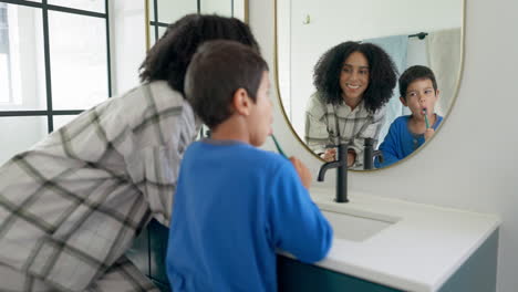 woman, child and brushing teeth in bathroom