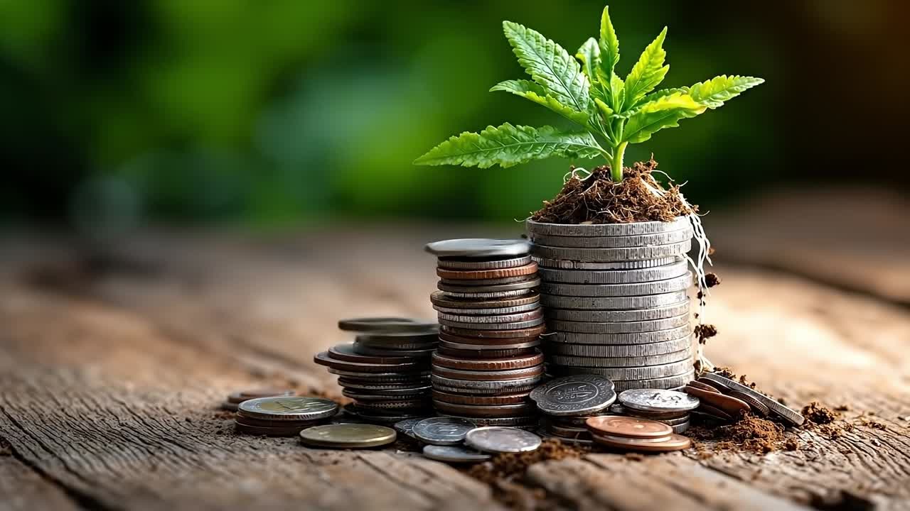 En lille plante, der vokser ud af en bunke mønter