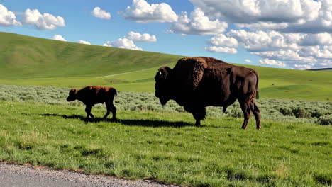 bison and calf in a grassy meadow
