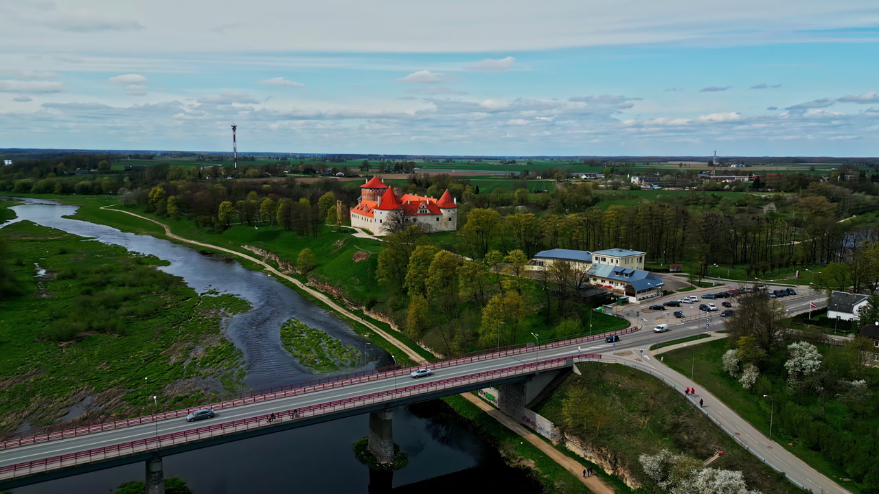 Drone panorama of Bauska Castle and scenic surroundings