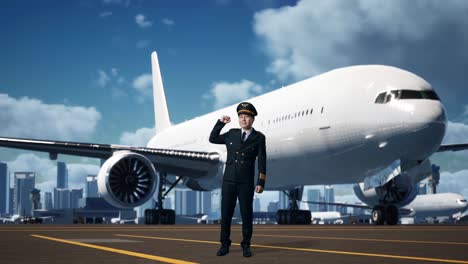 cuerpo lleno de piloto de hombre asiático sonriendo y flexionando su bíceps mientras está de pie en el aeródromo con el avión en el fondo