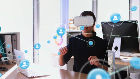 Animation-of-networks-of-connections-and-businesswoman-wearing-phone-vr-headset