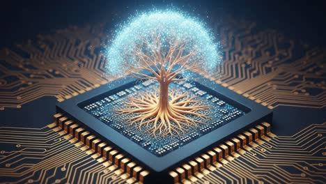 a visual metaphor of nature and technology: a digital tree emerging from a circuit board representing growth, innovation, and connectivity in modern computing
