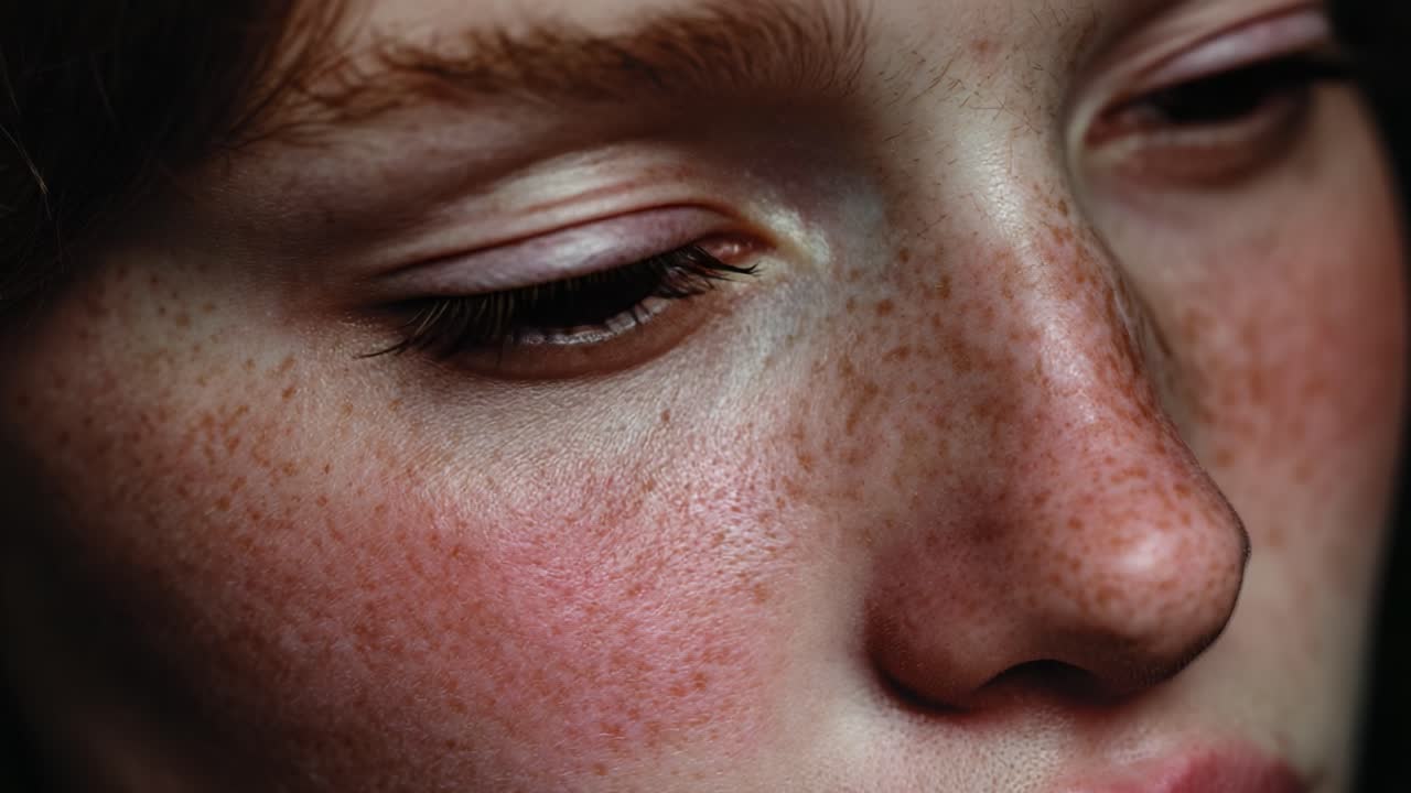 A Close-Up View of a freckled Portrait Emphasizing Natural Beauty and Texture, Showcasing the Subtle Transition of Light on Skin in a Thoughtful Moment