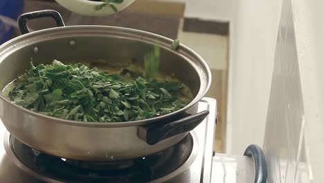 adding moringa leaves to a simmering pot of traditional filipino coconut milk stew called ginataang gulay, showing the candid daily home life and authentic local dish in the philippines