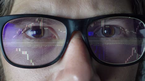 trading charts of cryptocurrencies with candlesticks are reflected in the glasses of a middle-aged caucasian man focusing on what is happening