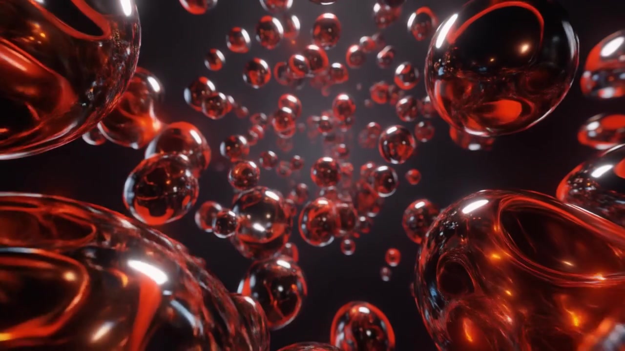 Animazione Astratta di Sfere di Vetro Rosse Fluttuanti nello Spazio Oscuro