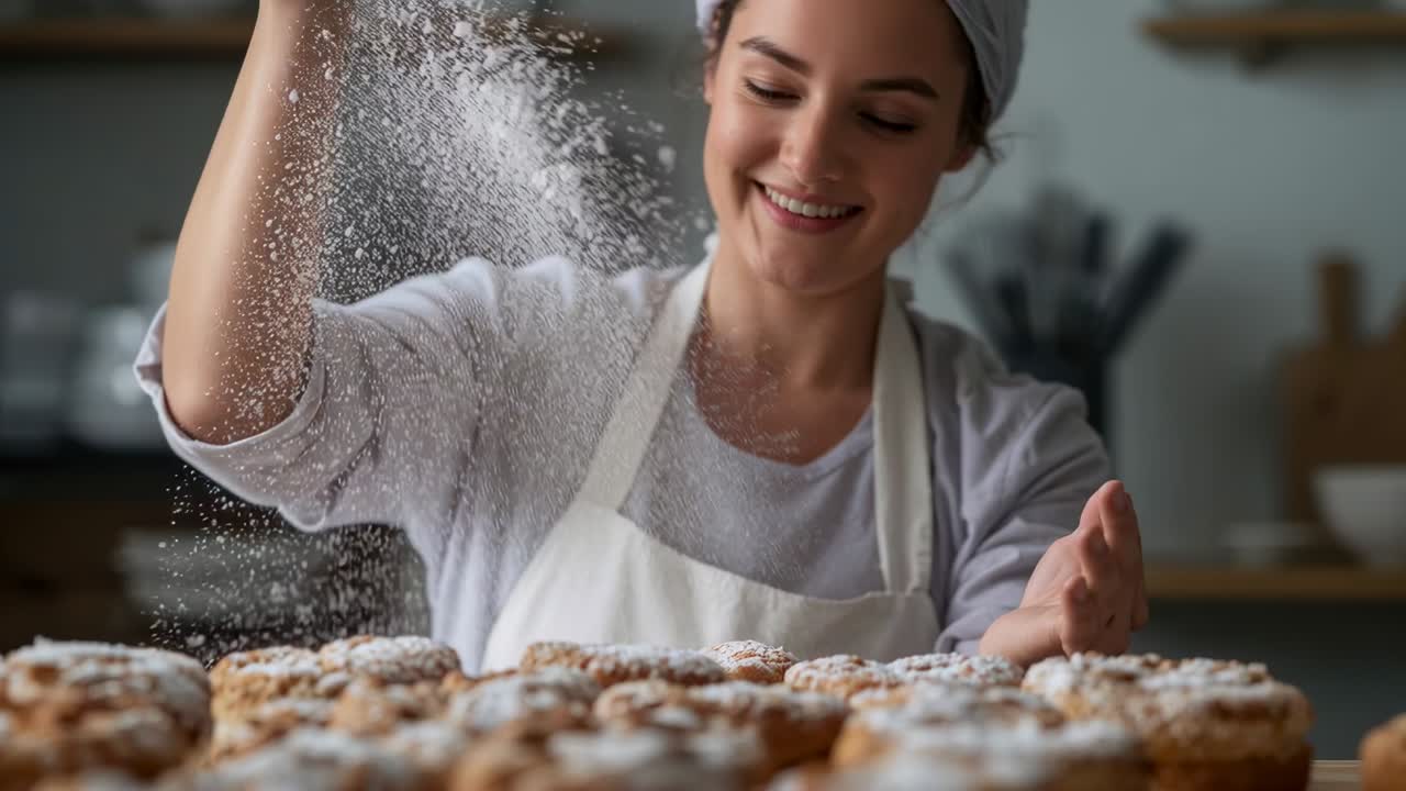 Støvtørkende baker som drysser sukker over bakverk ved disken med hvitt forkle og hårbøyle under siste trinn