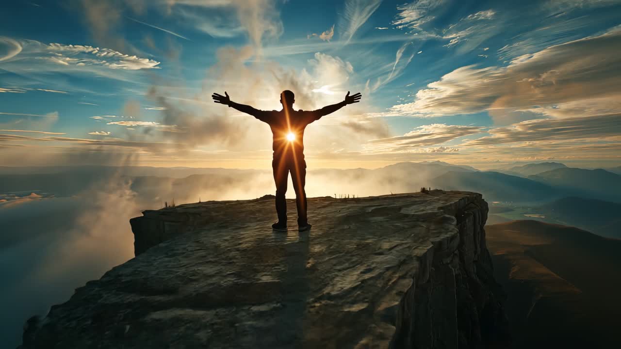 Sun aligning, man standing arms outstretched on plateau, dark jacket, boots, welcoming sunrise