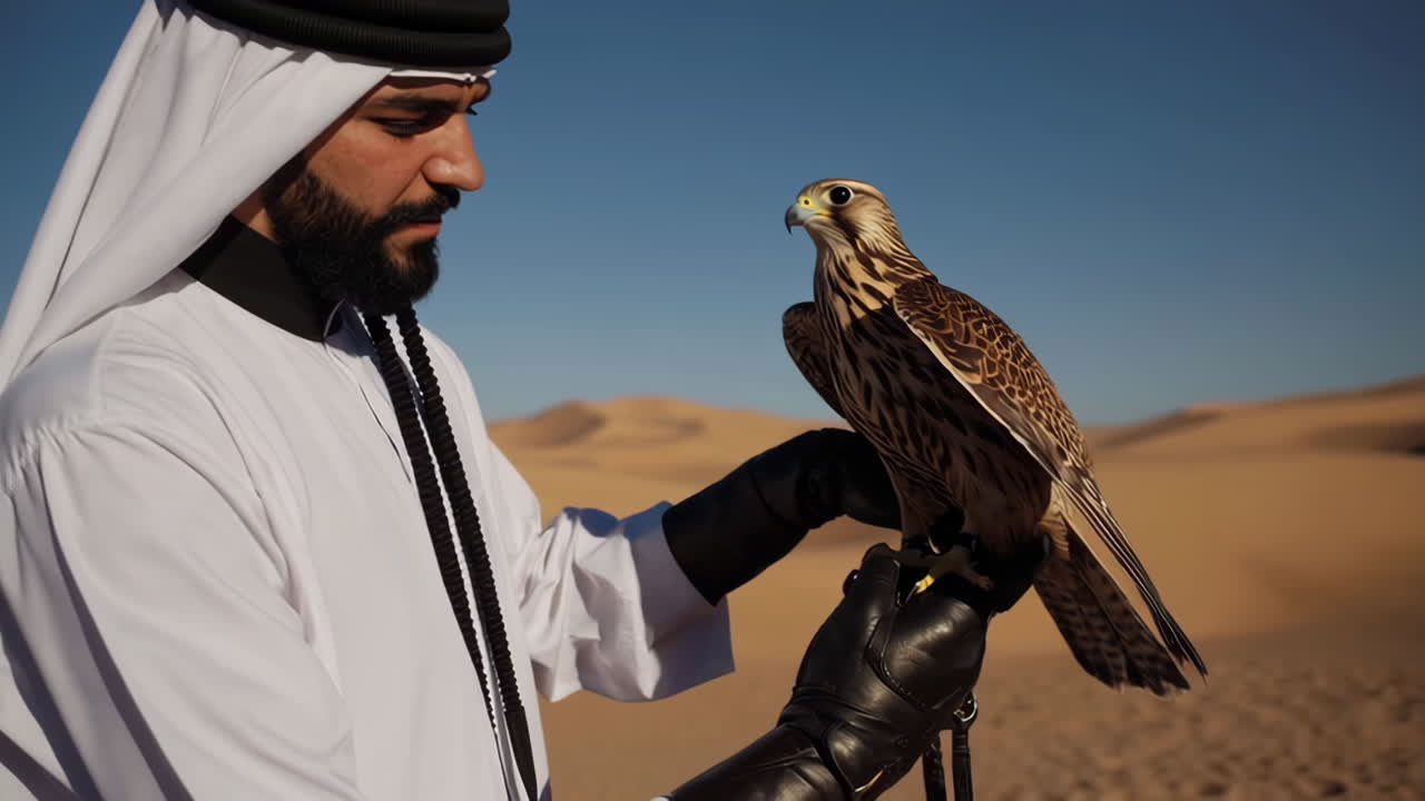 Uomo con falco nel deserto