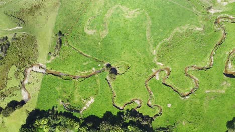 A-slow-moving-birds-eye-view-over-a-stream,-winding-through-farmland