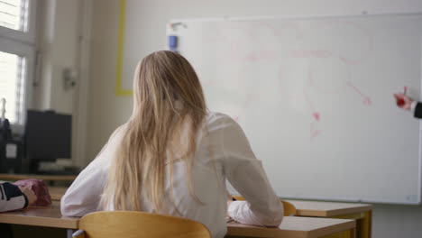 Two-girl-students-participate-in-the-class,-raising-their-hands,-rear-view