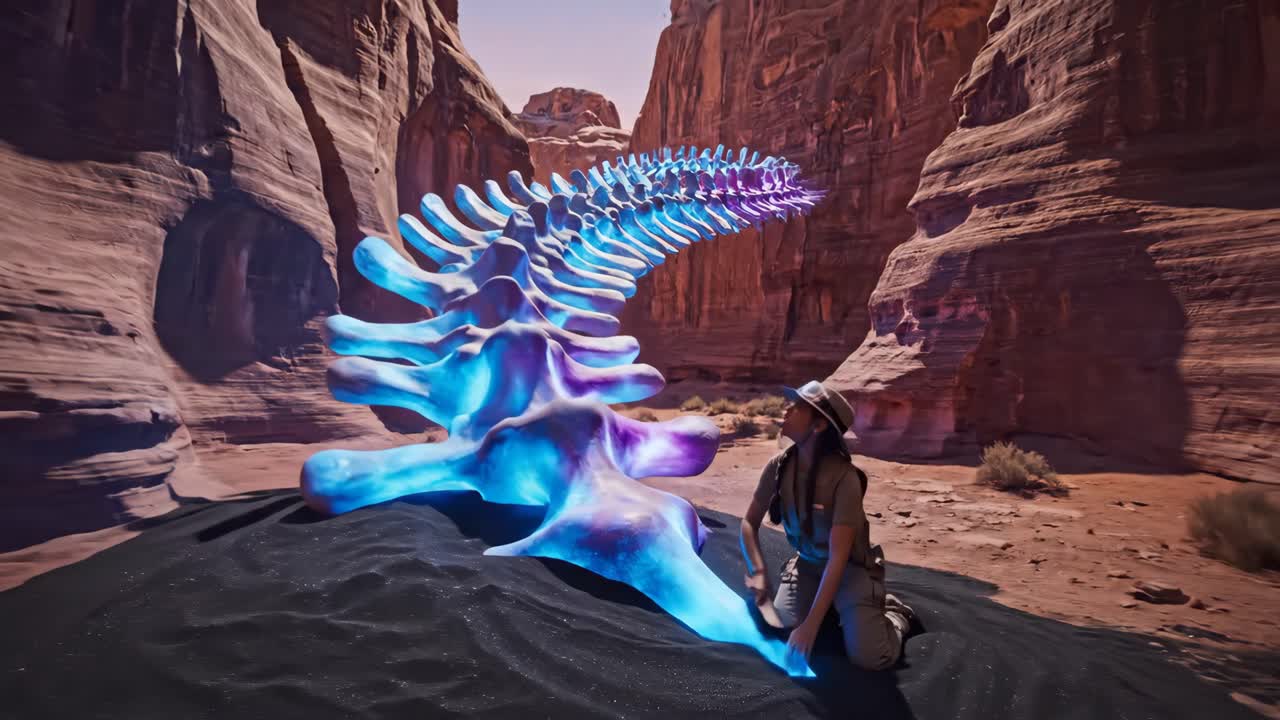 Futuristic desert exploration with a luminous spine sculpture