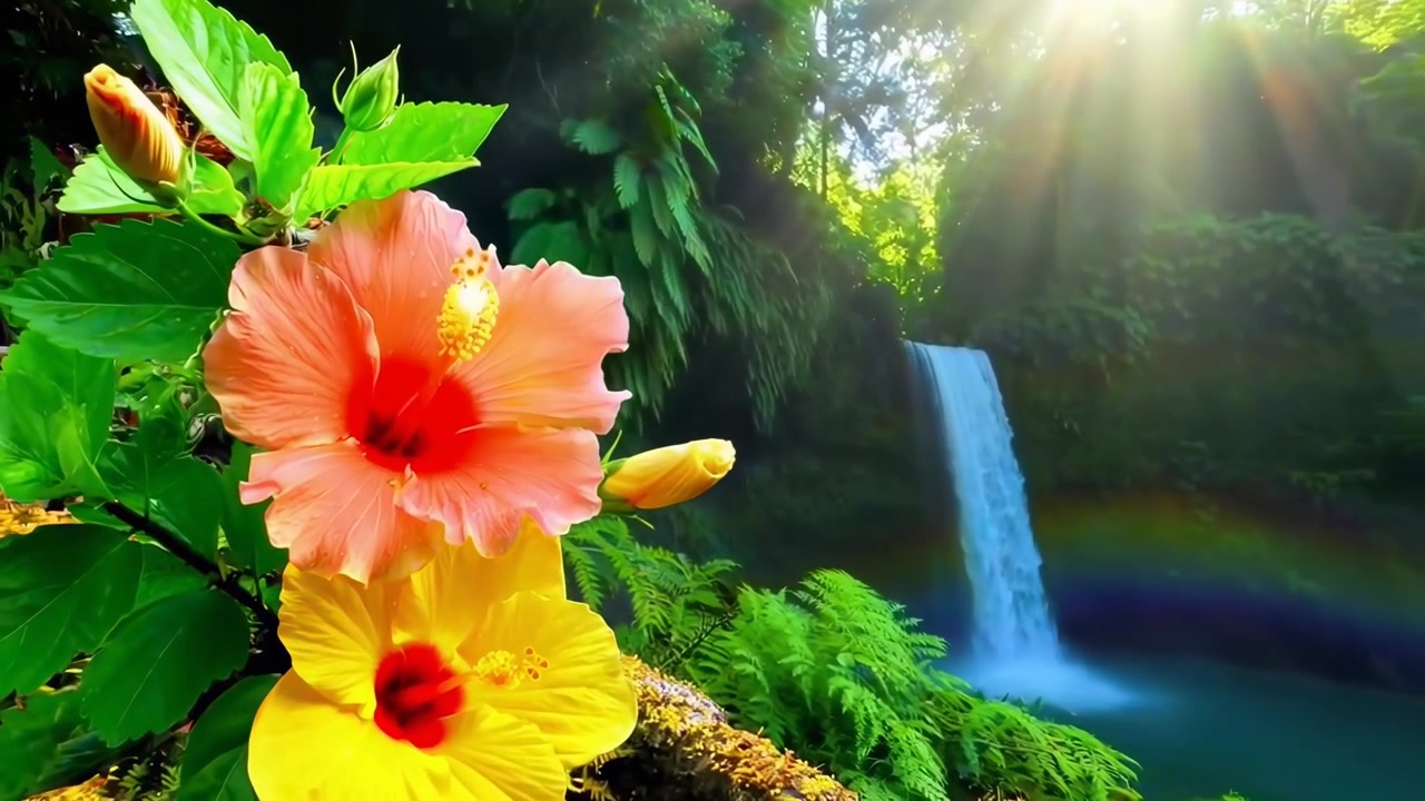 Flores de hibisco cambiando de color frente a una cascada tropical