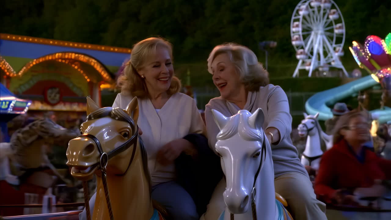 Two women enjoying a carousel ride