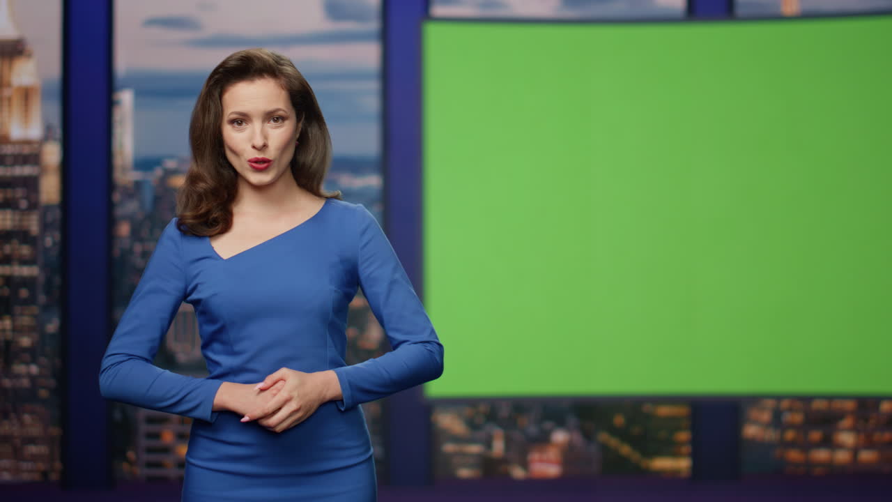 Mockup tv studio presenter broadcasting news in air multimedia channel close up.