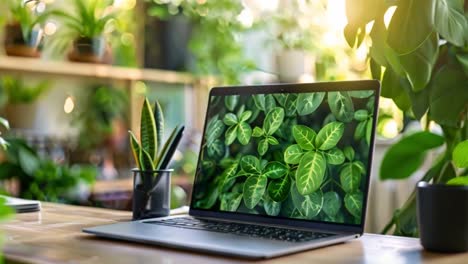 laptop and green plants in a bright home office